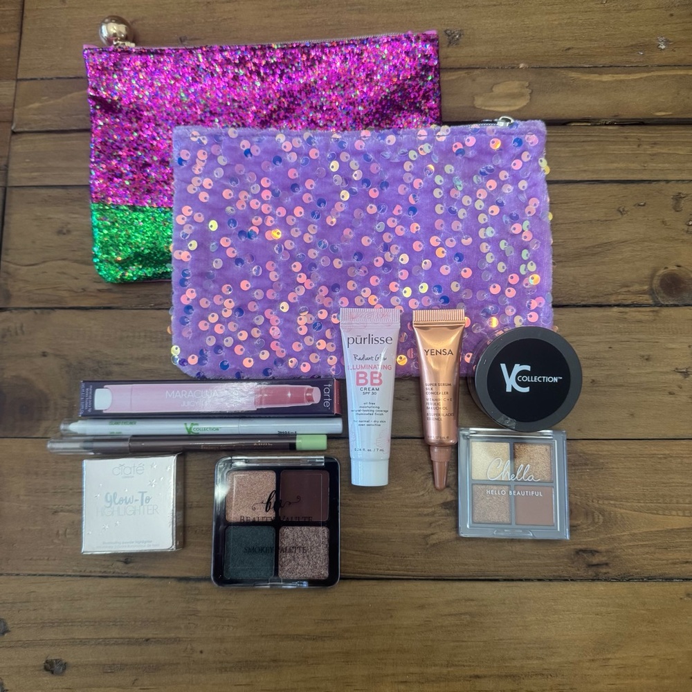 Sequin Makeup Bags with Assorted Cosmetics